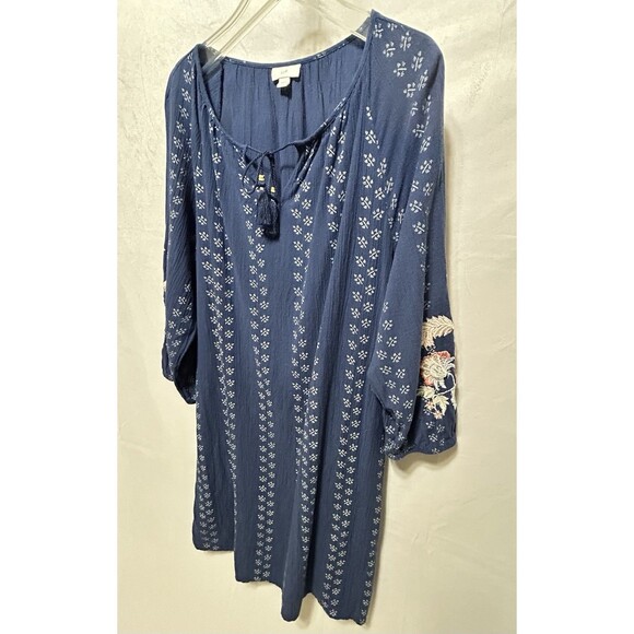 J. Jill Women's Large Floral Embroidered Peasant Blue‎ Batik Print Dress - Picture 8 of 13